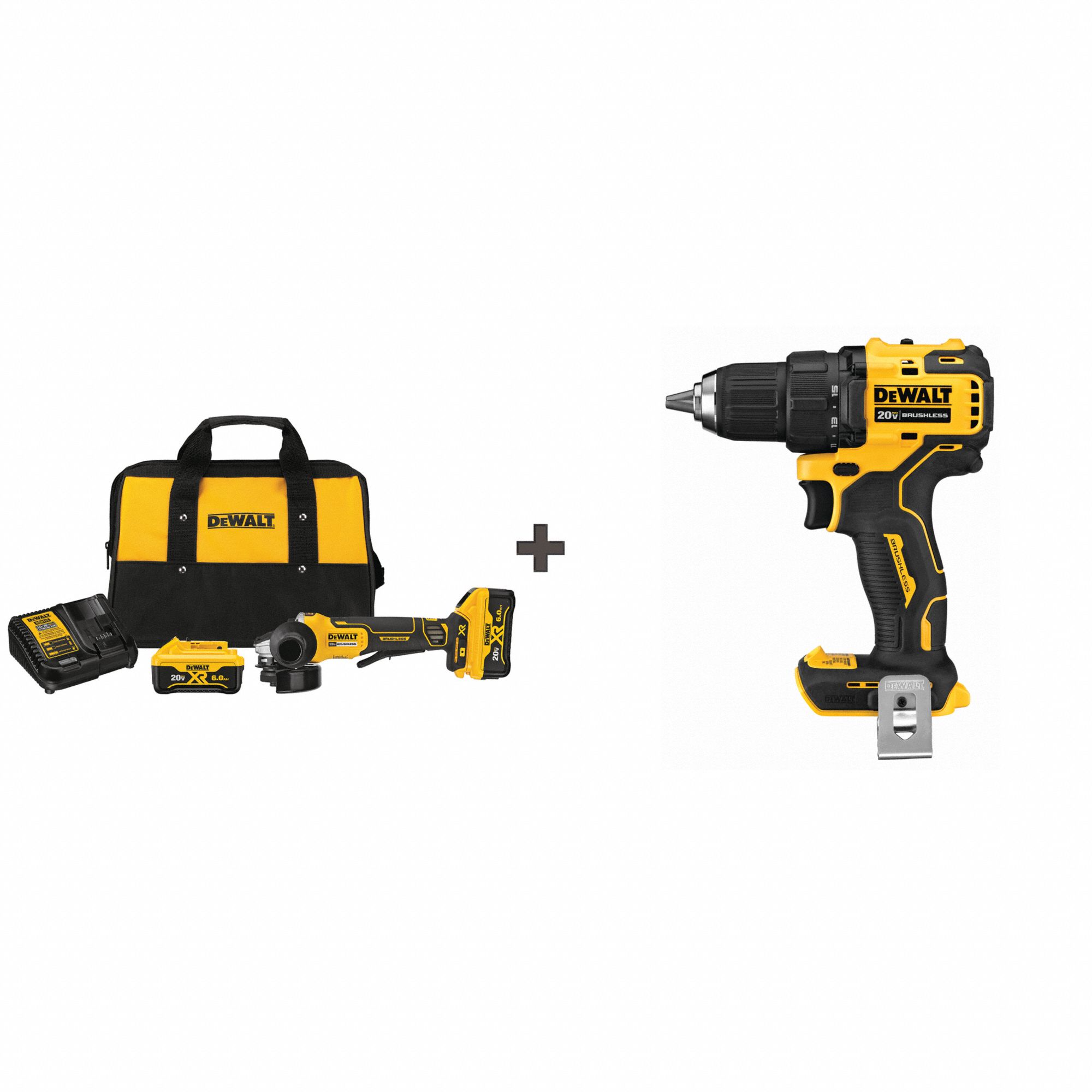 DEWALT Grinder, Brushless, 20V, 41/2" Size 361CJ2DCG413R2/DCD708B Grainger