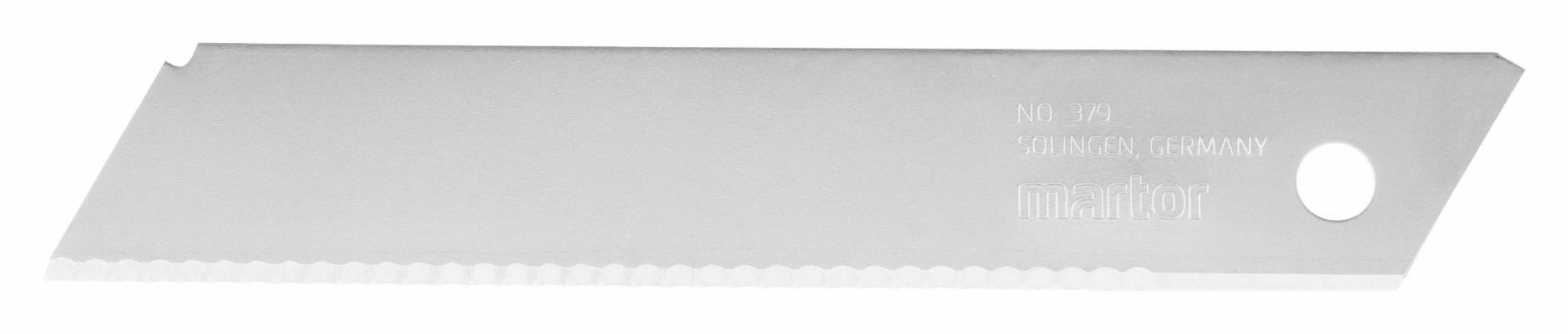 MARTOR Utility Blade: 4 5/16 in Blade Lg, 11/16 in Blade Wd, 0.02 in Blade Thick, 361JV3, 100 PK (MPN 379.60). Key specifications — attr307708: 361JV3; attr307711: Steel; attr307707: No; attr324888: MARTOR.