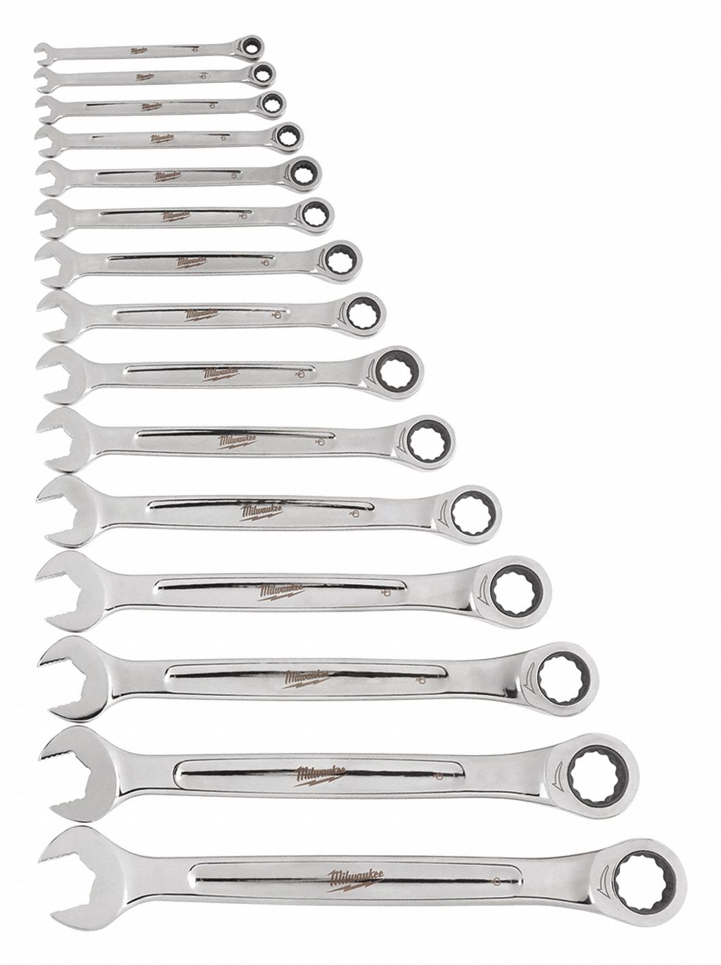 Combination Wrench Set: Alloy Steel, Chrome, 15 Tools, 1/4 in to 1 in Range of Head Sizes