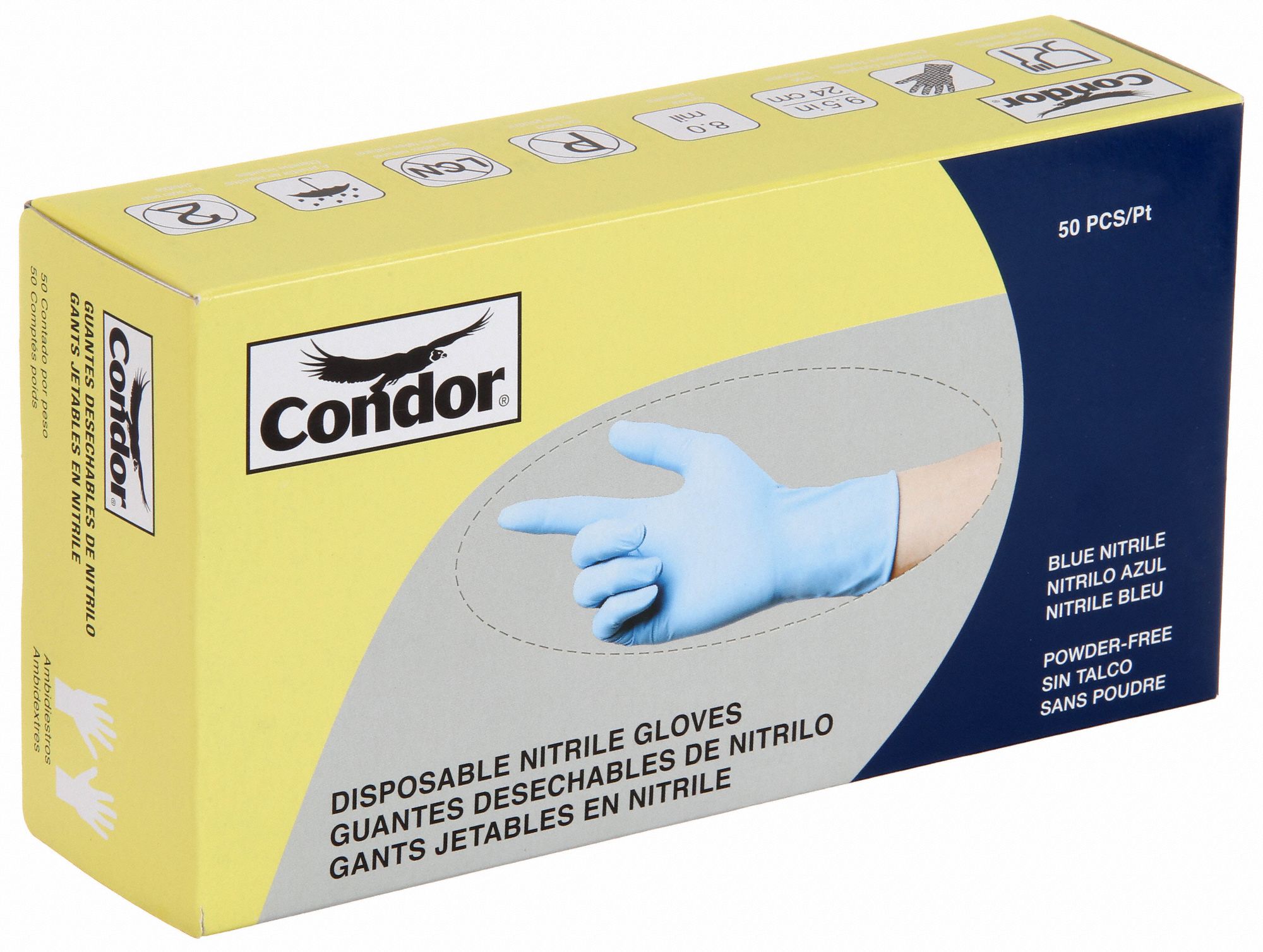 CONDOR Disposable Gloves Gen Purpose, 7 mil, PowderFree, Nitrile, 2XL, Grain, Fingertips, 50