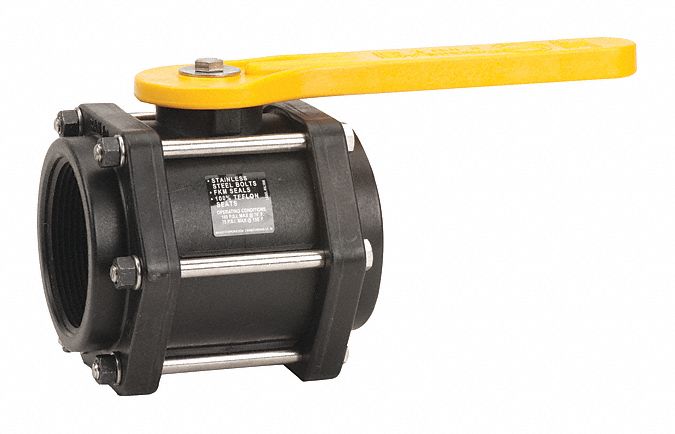 Manual Two-Way Ball Valve: 3 in, Polypropylene, Straight, FNPT x FNPT, Three-Piece, Lever