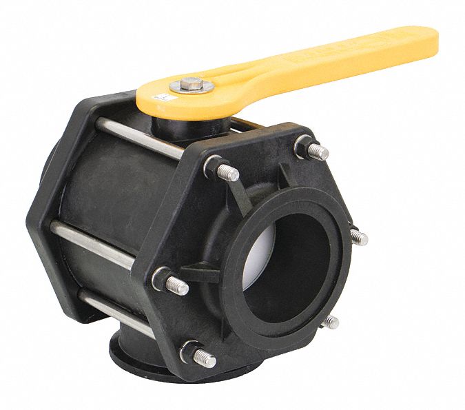 Manual Three-Way Ball Valve: 3 in, Polypropylene, L Flow, 150 psi Max. Pressure (CWP), Lever