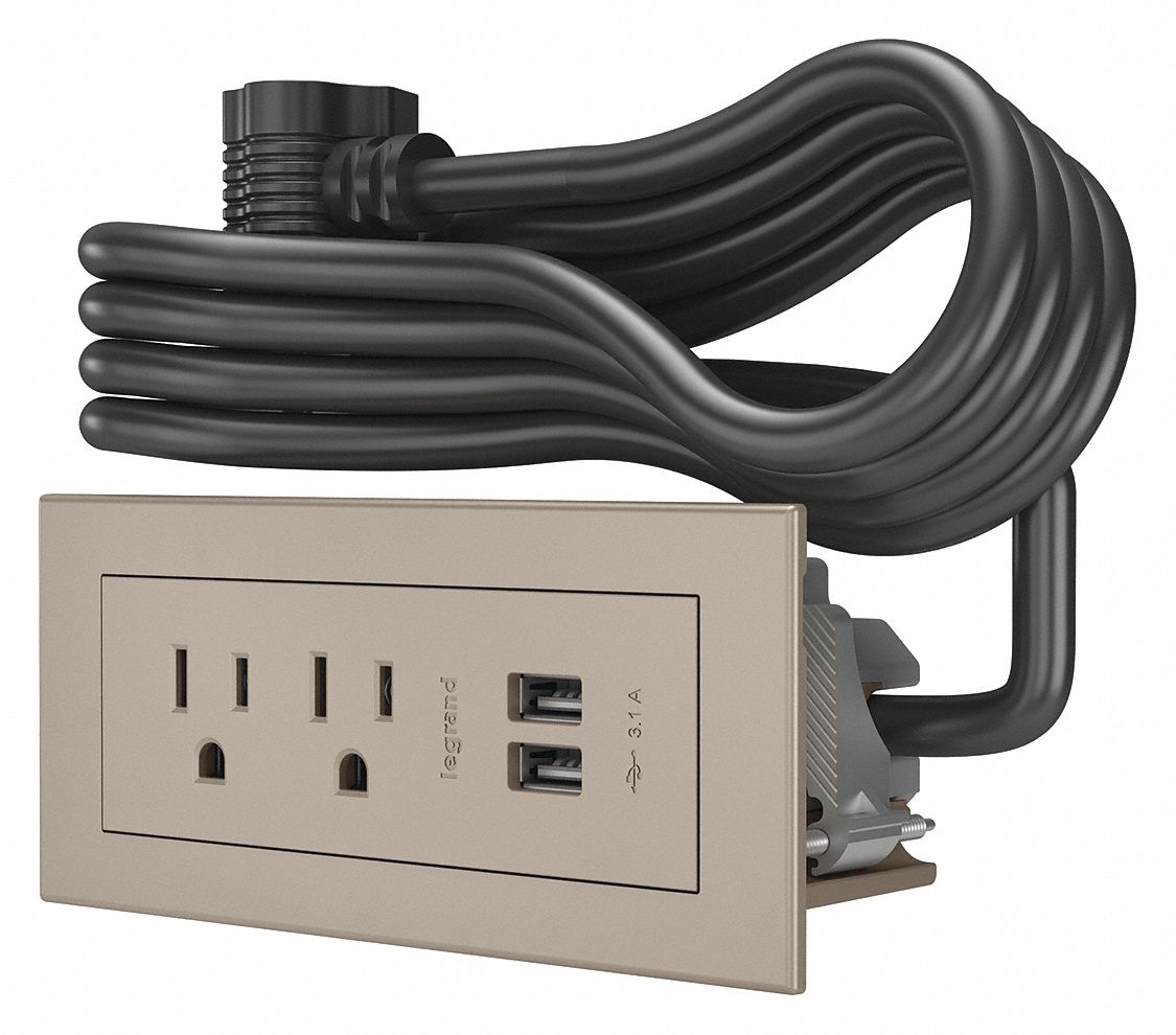 Furniture Power Outlet: 2 Outlets, Type A, Nickel, 10 ft Power Cord Lg, Rectangular, 125V AC