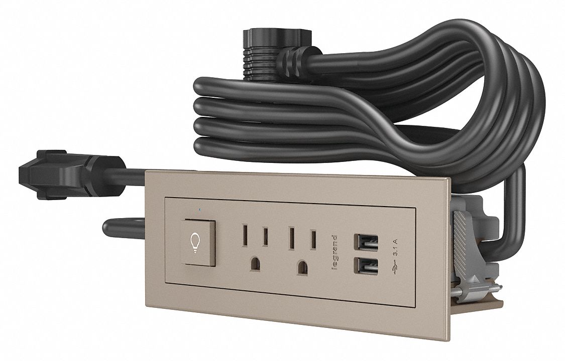 Furniture Power Outlet: 2 Outlets, Type A, Nickel, 10 ft Power Cord Lg, Rectangular, 125V AC