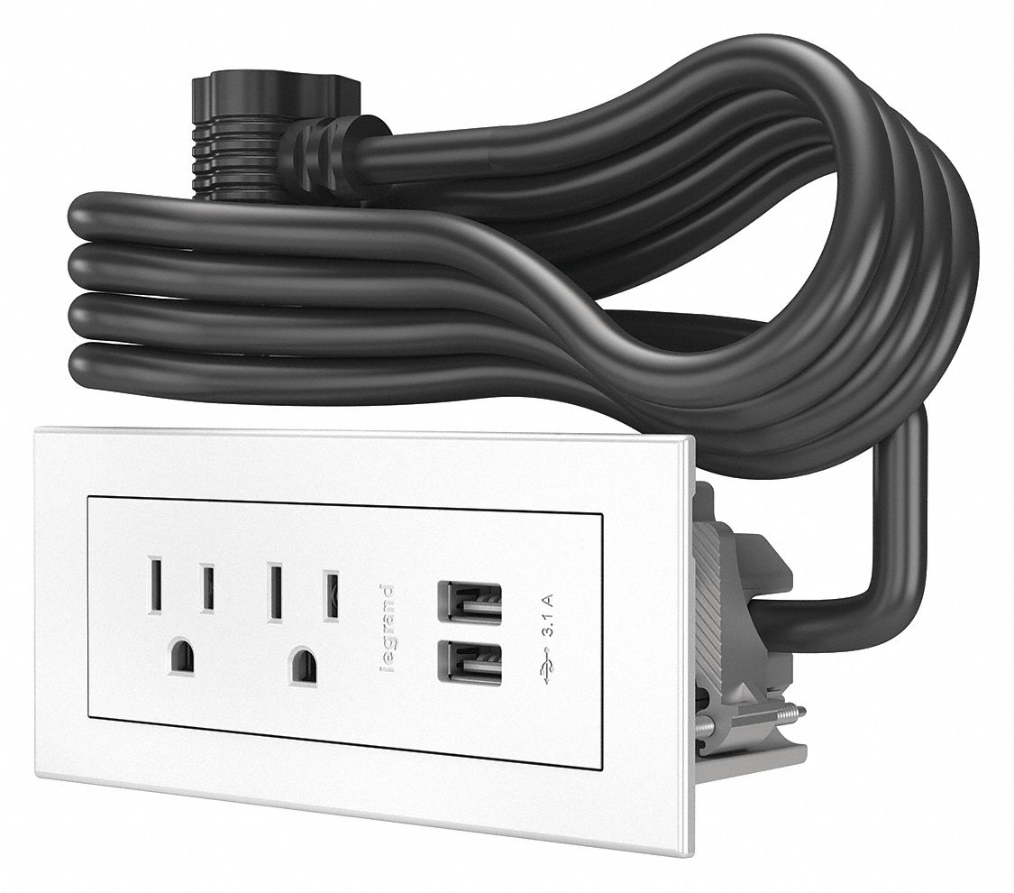 Furniture Power Outlet: 2 Outlets, Type A, White, 10 ft Power Cord Lg, Rectangular, 125V AC