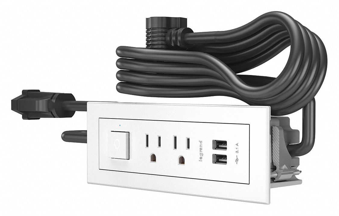 Furniture Power Outlet: 2 Outlets, Type A, White, 10 ft Power Cord Lg, Rectangular, 125V AC