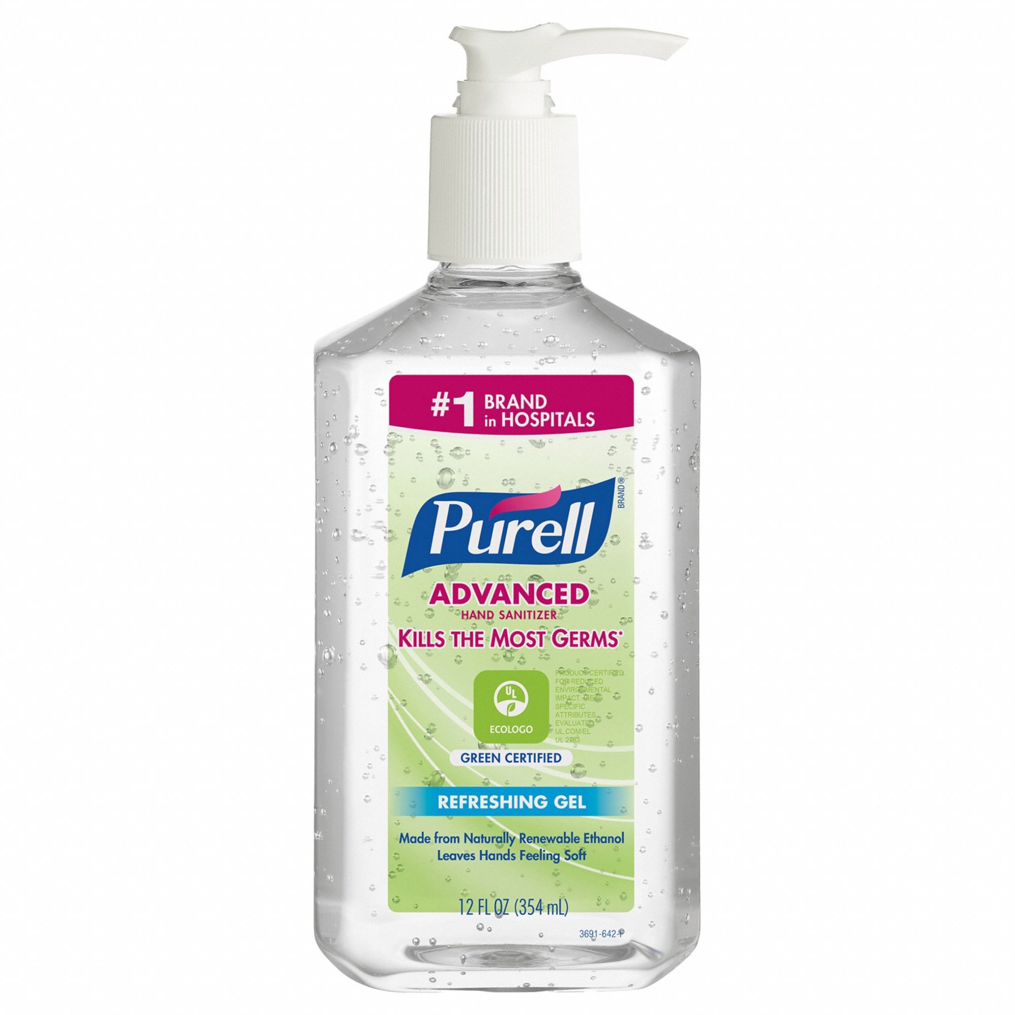 Hand Sanitizer: Gel, Pump Bottle, 12 oz, Fragrance Free, E3 NSF Rating, Ethyl Alcohol