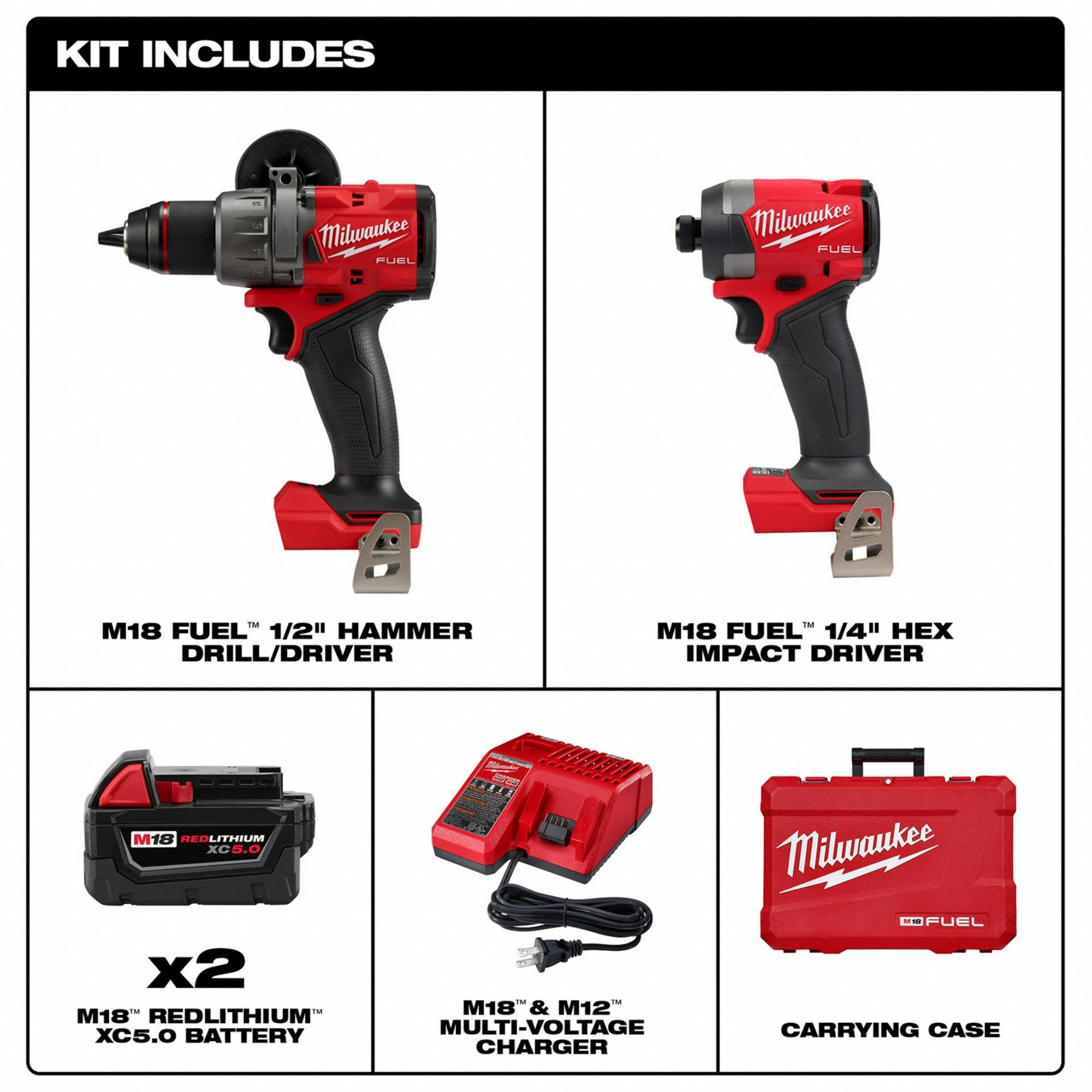 MILWAUKEE Cordless Combination Kit 18V DC Volt, 2 Tools, 1/2 in Hammer