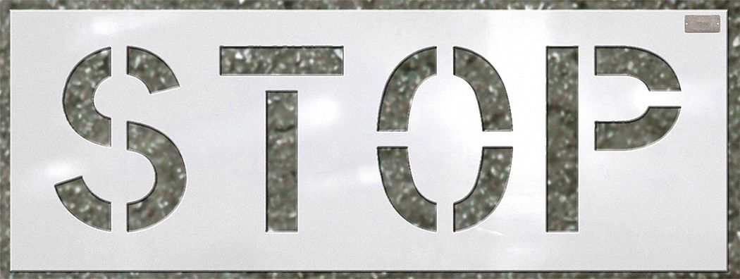 Individual Stencil: Stop, 0.125 in Thick, 18 in Overall Ht, 48 in Overall Wd, Highway Gothic, DOT