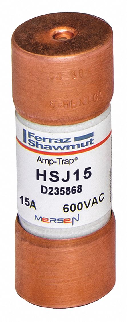 Fuse: HSJ Series, Class J, Cylindrical Body, Very-Fast-Acting, 15 A, 600 V AC, 500 V DC