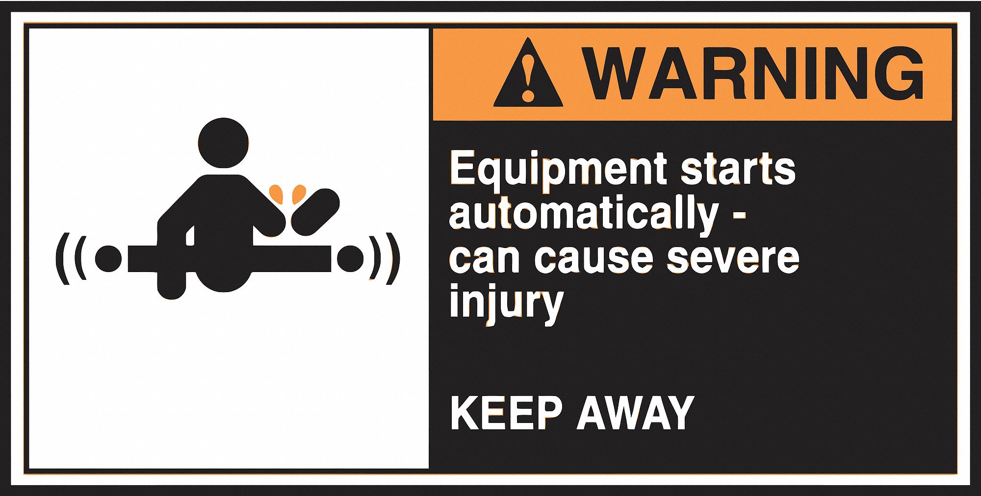 CEMA LABEL, VINYL, ADHESIVE, 2½X5 IN, 0.004 IN THICK, 5 PK, EQUIPMENT STARTS AUTOMATICALLY CAN CAUSE SEVERE INJURY KE...