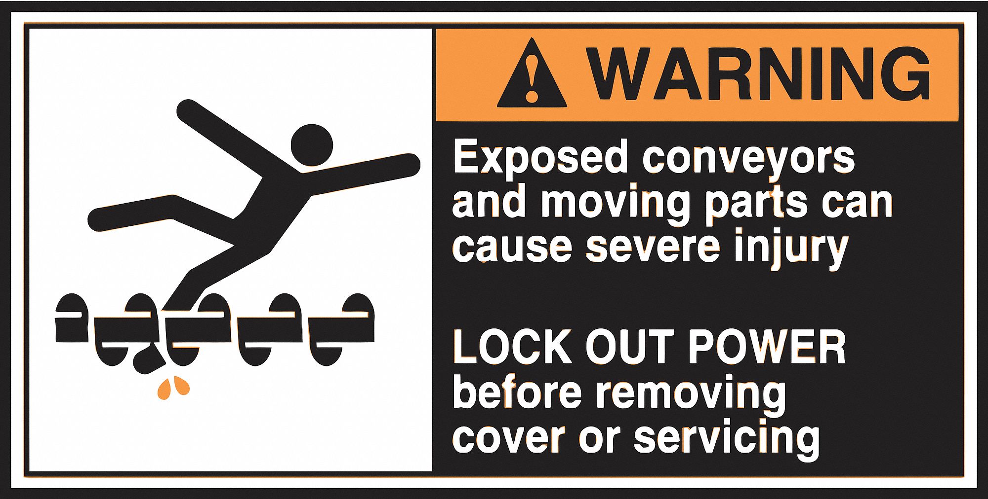 CEMA LABEL, VINYL, ADHESIVE, 2½X5 IN, 0.004 IN THICK, 5 PK, EXPOSED CONVEYORS & MOVING PARTS CAN CAUSE SEVERE INJURY...