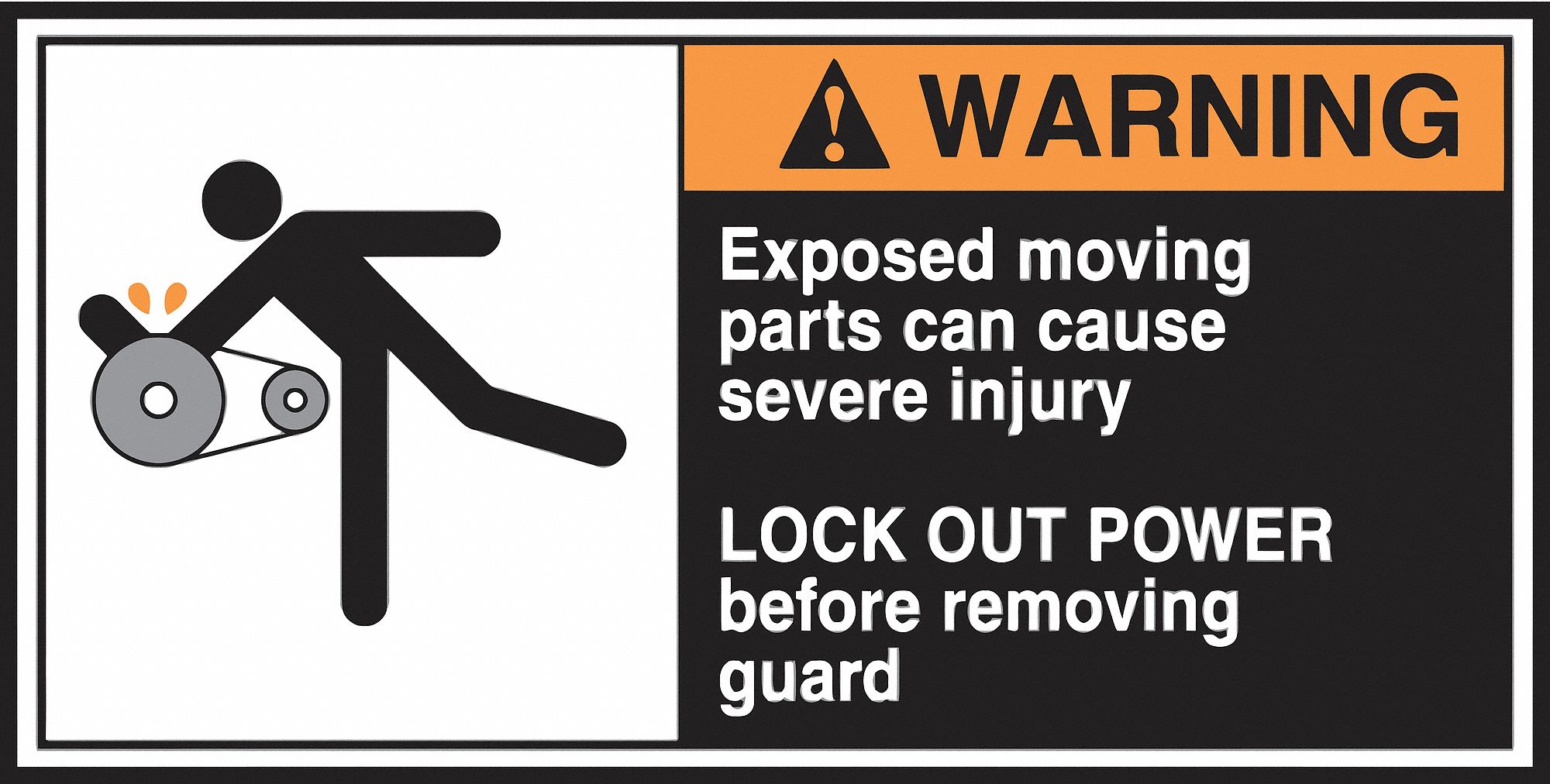 CEMA LABEL, VINYL, ADHESIVE, 2½X5 IN, 0.004 IN THICK, 5 PK, EXPOSED MOVING PARTS CAN CAUSE SEVERE INJURY LOCK OUT POW...