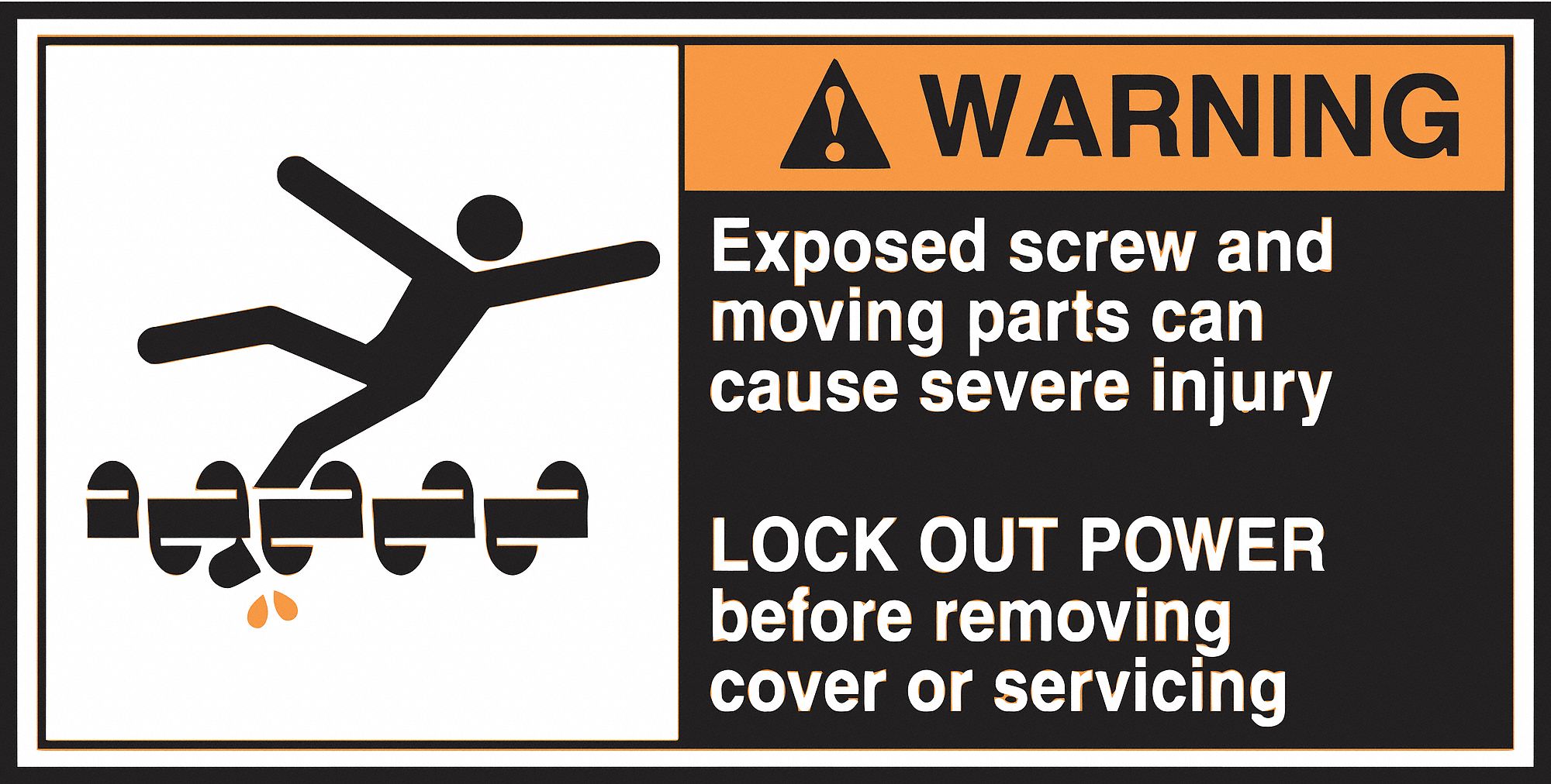 CEMA LABEL, VINYL, ADHESIVE, 2½X5 IN, 0.004 IN THICK, 5 PK, EXPOSED SCREW & MOVING PARTS CAN CAUSE SEVERE INJURY LOCK...