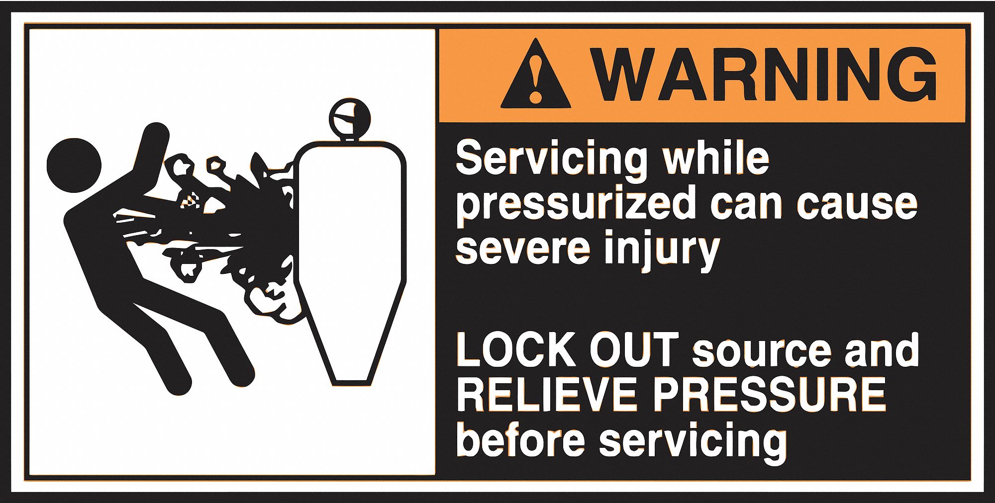 CEMA LABEL, VINYL, ADHESIVE, 2½X5 IN, 0.004 IN THICK, 5 PK, SERVICING WHILE PRESSURIZED CAN CAUSE SEVERE INJURY LOCK...