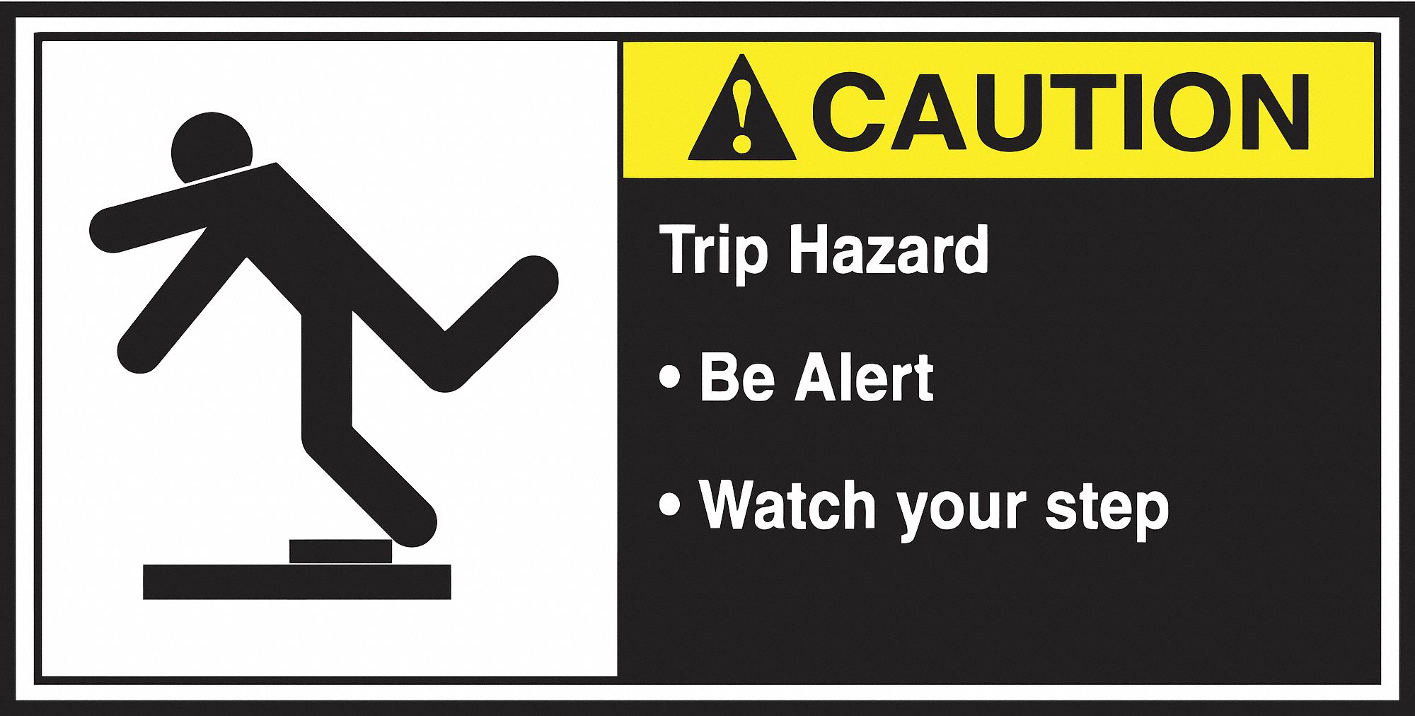 CEMA LABEL, VINYL, ADHESIVE MOUNT, 2½ X 5IN NOMINAL SIGN SIZE, 0.004IN THICK, 5 PK, TRIP HAZARD BE ALERT WATCH YOUR STEP