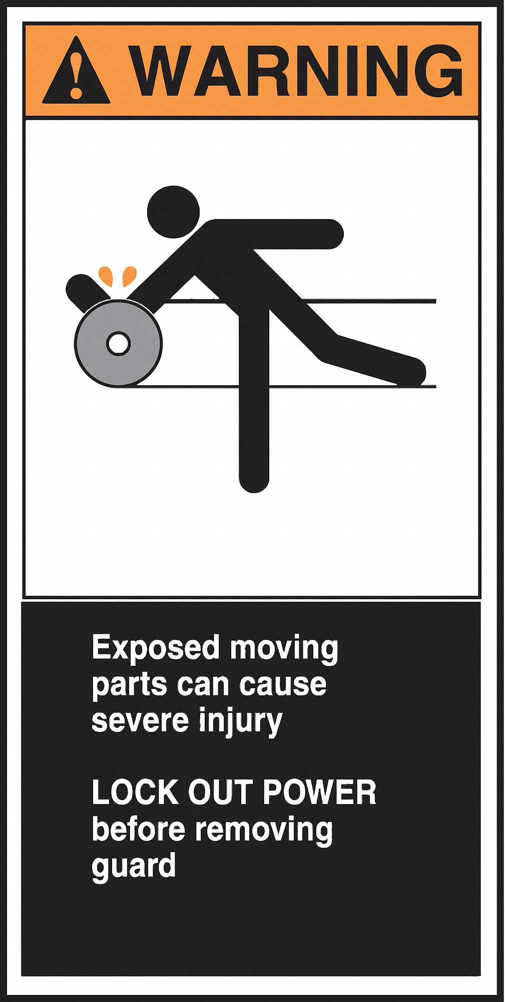 CEMA LABEL, VINYL, ADHESIVE, 6X3 IN, NOT RETROREFLECTIVE, 5 PK, EXPOSED MOVING PARTS CAN CAUSE SEVERE INJURY LOCK OUT...