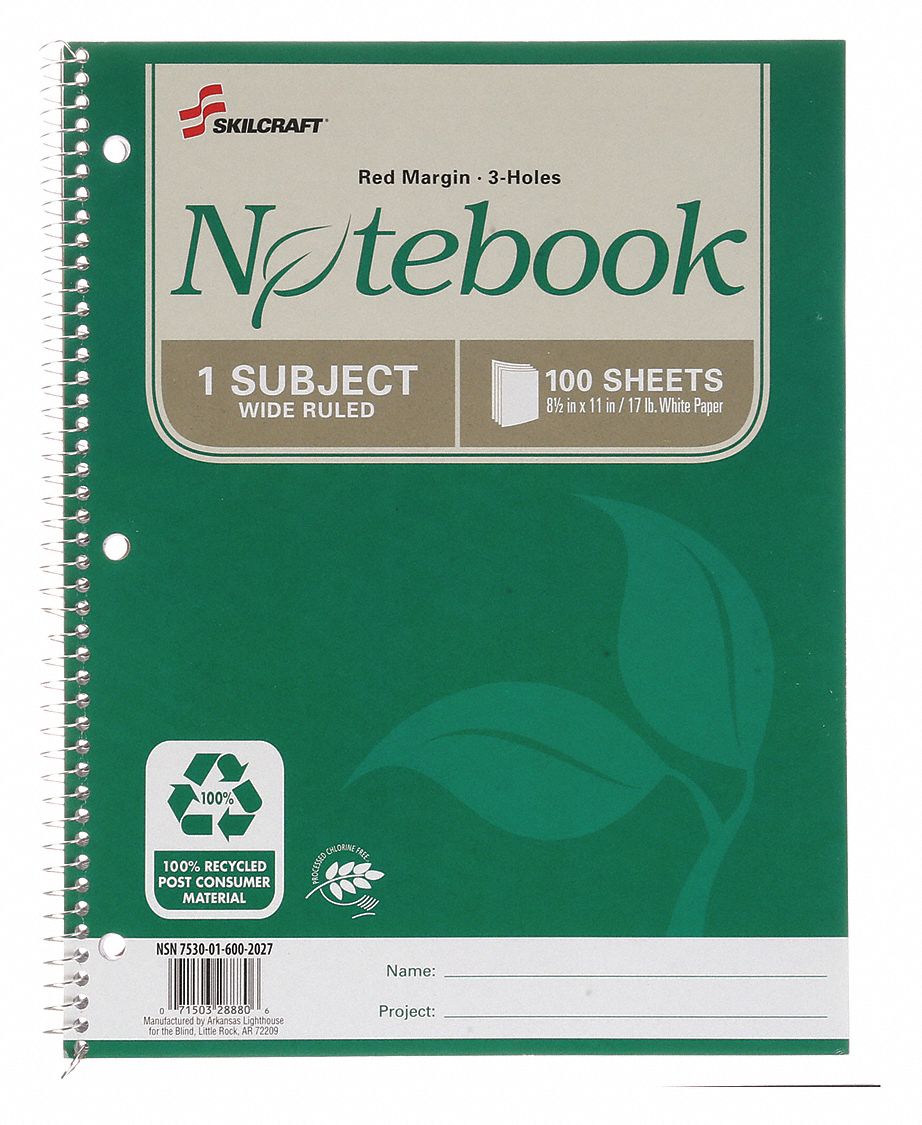 ABILITY ONE, 8-1/2 in x 11 in Sheet Size, Wide, Notebook -  36CG11