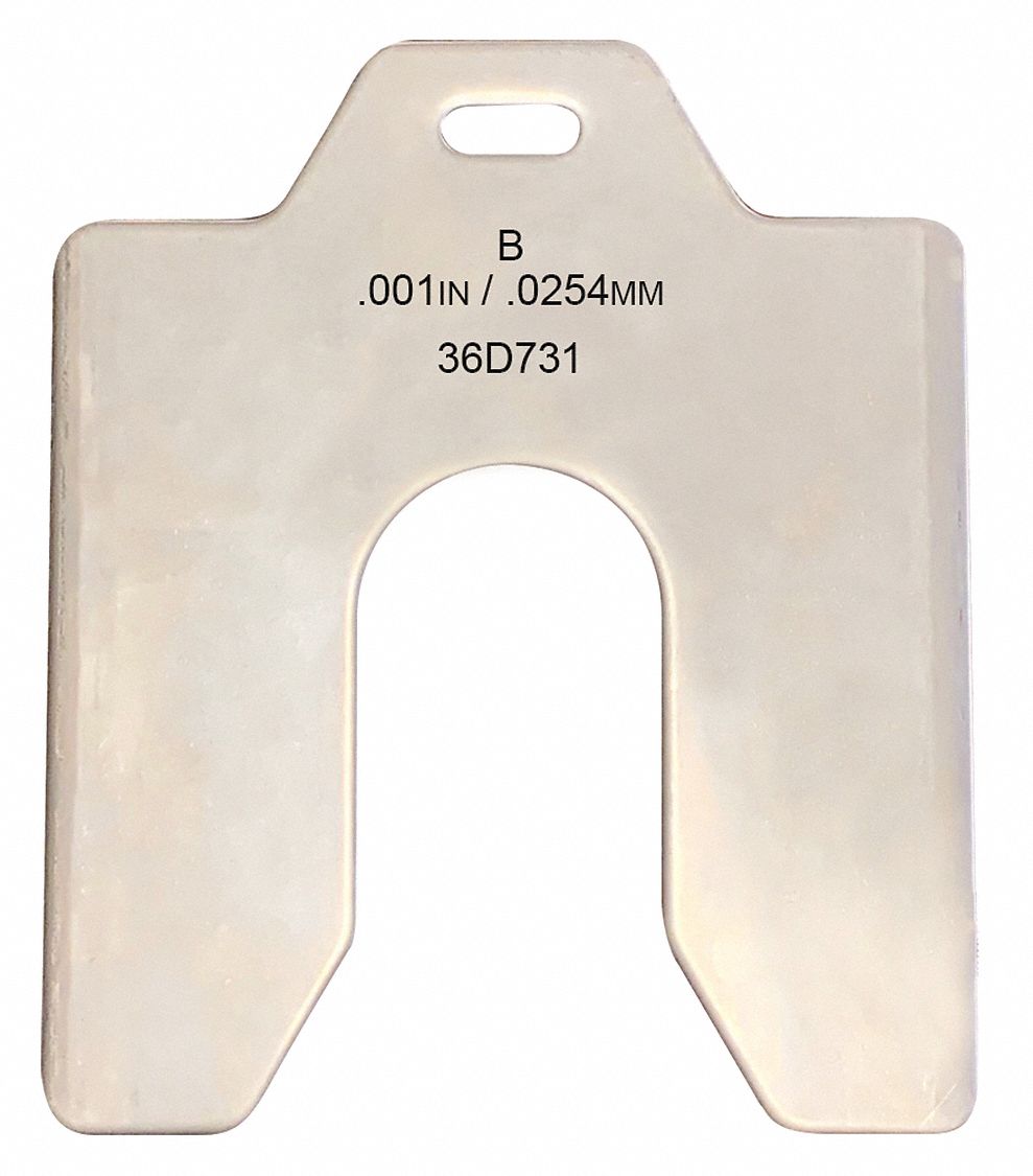 Slotted Shim, Tabbed, 0.001" Thk, 3" L, PK20: Tabbed, B Trade Size, 3 in Shim Lg, 3 in Shim Wd, 18-8, 20