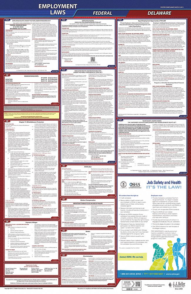 Labor Law Poster: DE, English, Plastic, 24 in x 40 in, Federal and State Labor Law