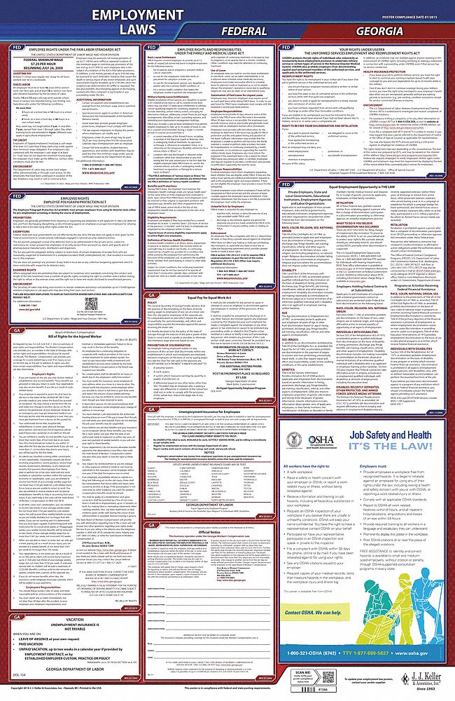 Labor Law Poster: Federal and State Labor Law, GA, English, Plastic, 24 in x 40 in, FMLA