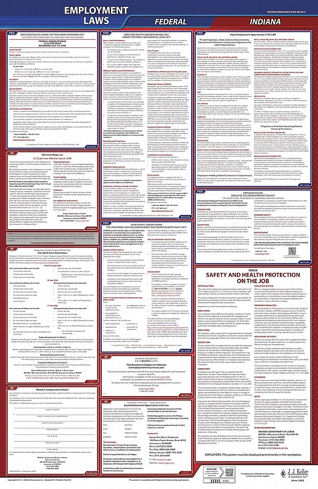 Labor Law Poster: IN, English, Plastic, 24 in x 40 in, Federal and State Labor Law