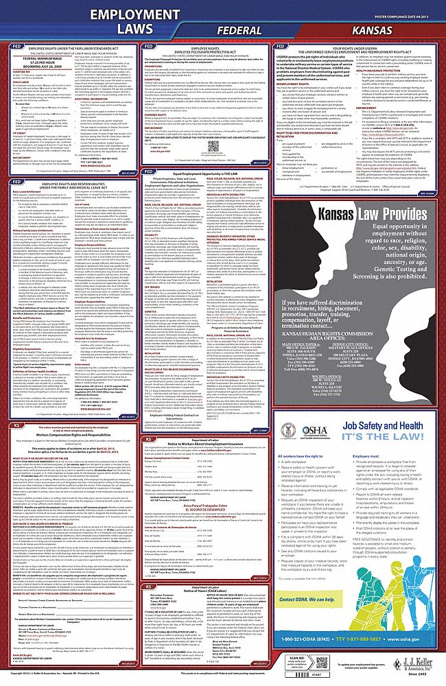 Labor Law Poster: Federal and State Labor Law, KS, English, Plastic, 24 in x 40 in, FMLA