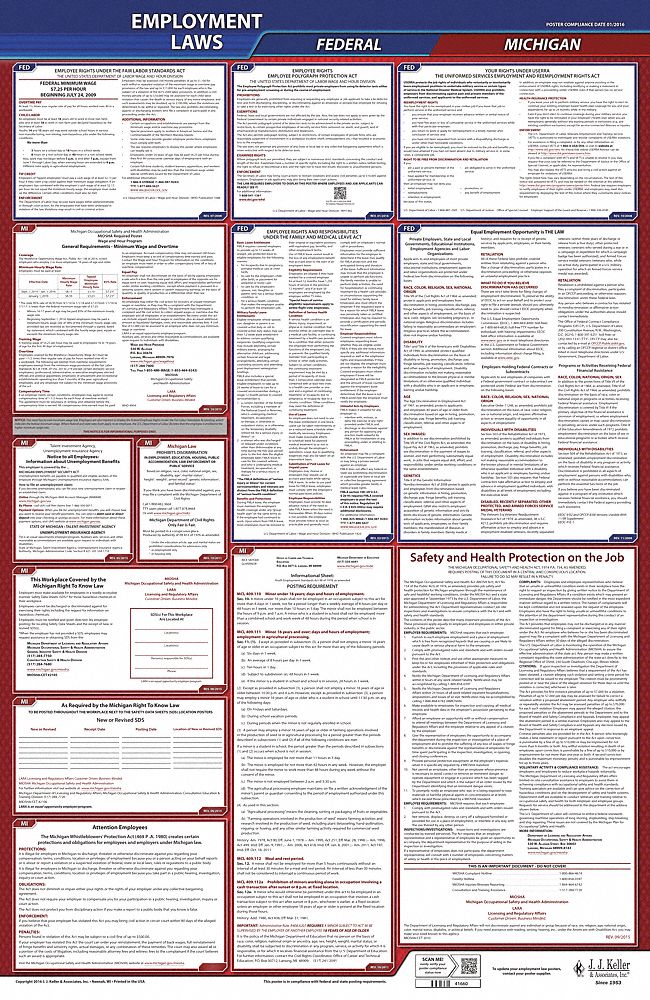 Labor Law Poster: Federal and State Labor Law, MI, English, Plastic, 24 in x 40 in, FMLA