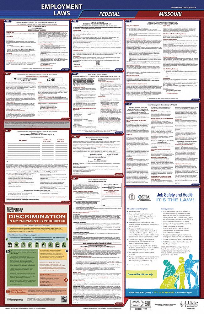 Labor Law Poster: Federal and State Labor Law, MO, English, Plastic, 24 in x 40 in, FMLA