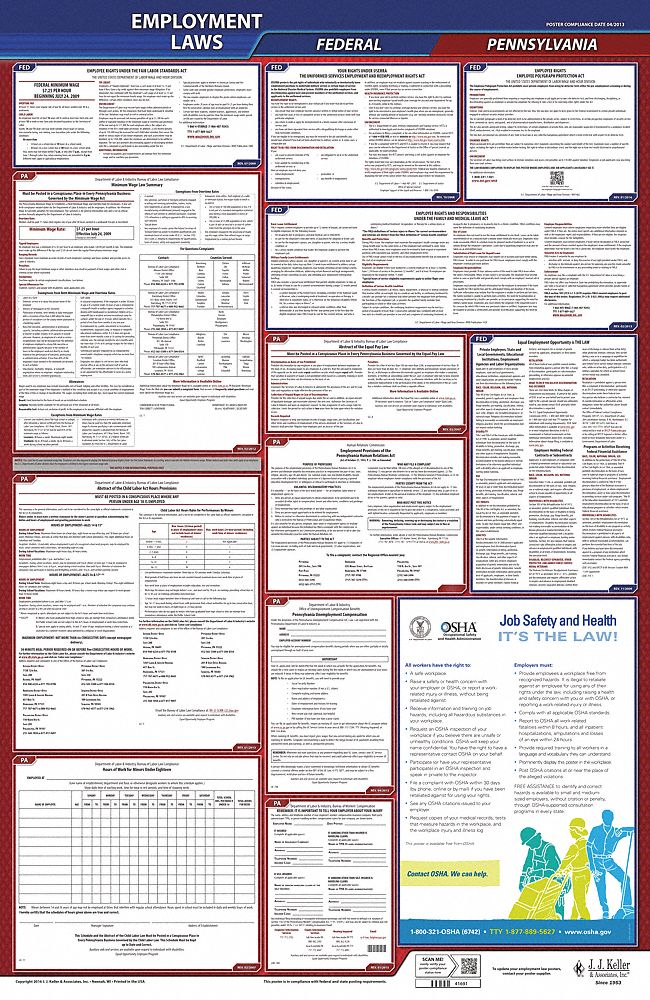 Labor Law Poster: Federal and State Labor Law, PA, English, Plastic, 24 in x 40 in, FMLA