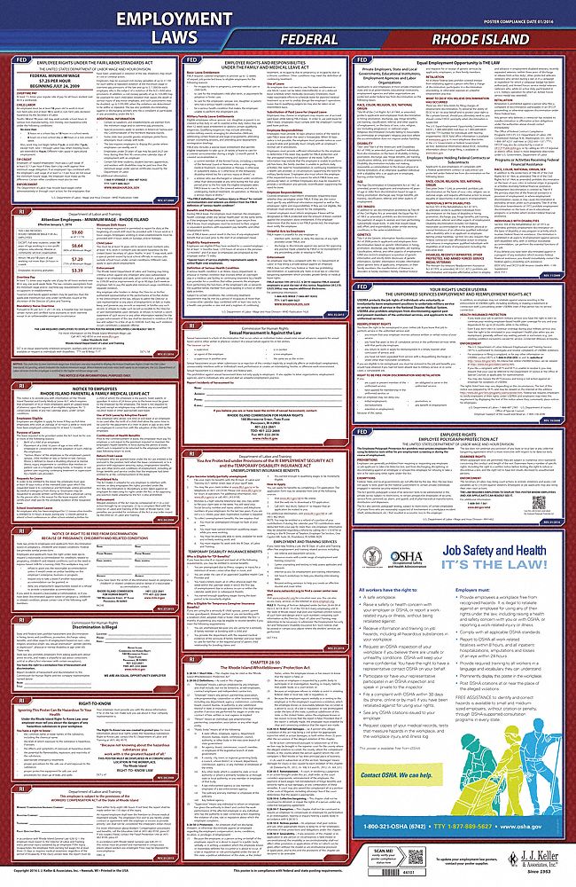 Labor Law Poster: Federal and State Labor Law, RI, English, Plastic, 24 in x 40 in, FMLA