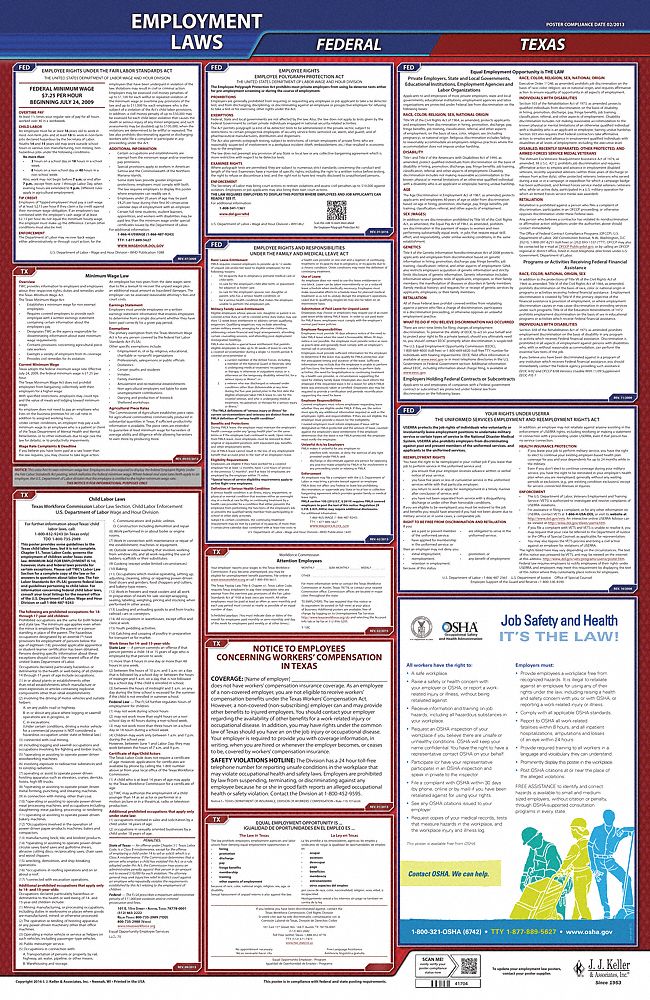Labor Law Poster: TX, English, Plastic, 24 in x 40 in, Federal and State Labor Law