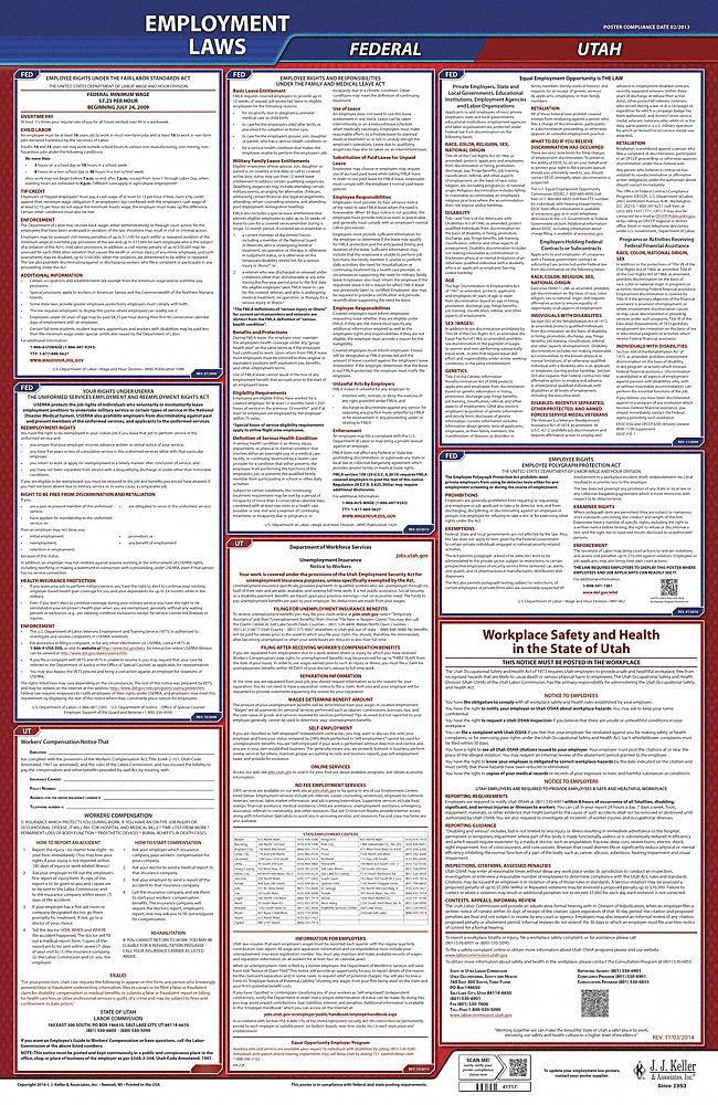 Labor Law Poster: Federal and State Labor Law, UT, English, Plastic, 24 in x 40 in, FMLA