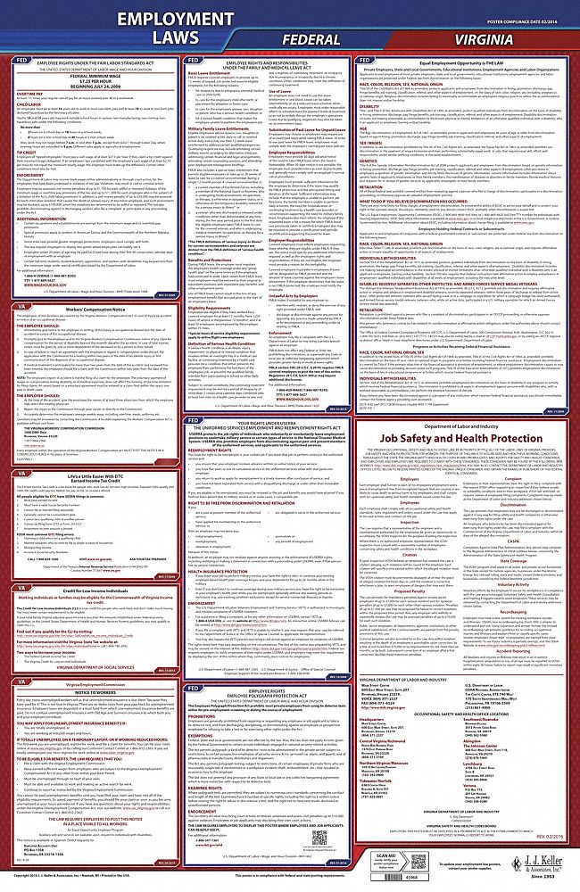 Labor Law Poster: Federal and State Labor Law, VA, English, Plastic, 24 in x 40 in, FMLA