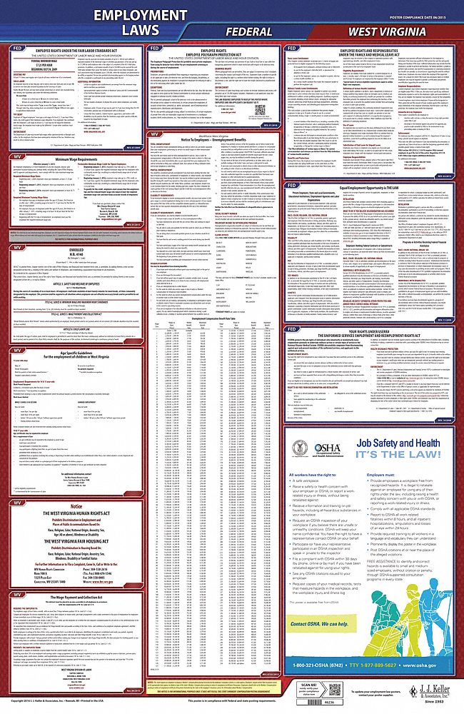 Labor Law Poster: Federal and State Labor Law, WV, English, Plastic, 24 in x 40 in, FMLA