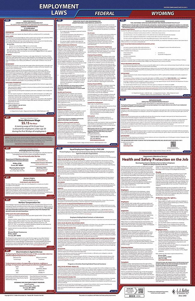 Labor Law Poster: Federal and State Labor Law, WY, English, Plastic, 24 in x 40 in, FMLA