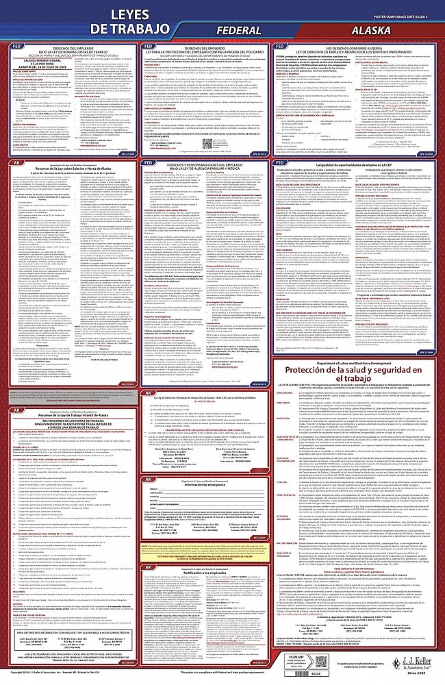 Labor Law Poster: AK, Spanish, Plastic, 24 in x 40 in, Federal and State Labor Law