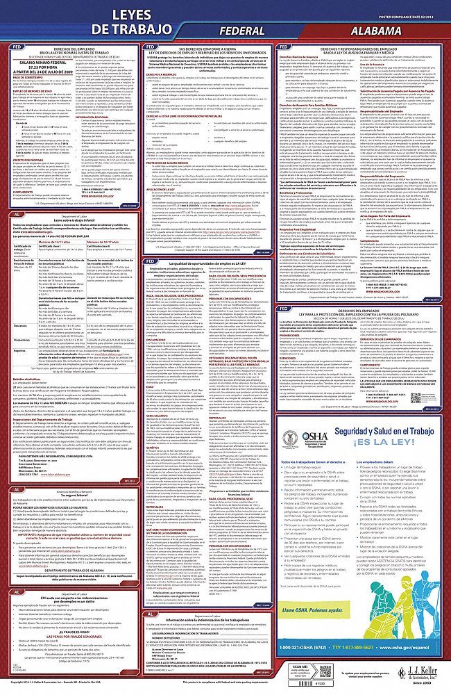 Labor Law Poster: AL, Spanish, Plastic, 24 in x 40 in, Federal and State Labor Law
