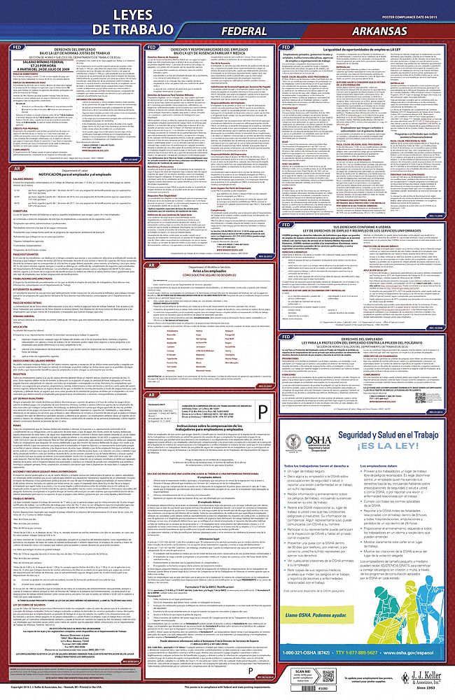 Labor Law Poster: AR, Spanish, Plastic, 24 in x 40 in, Federal and State Labor Law