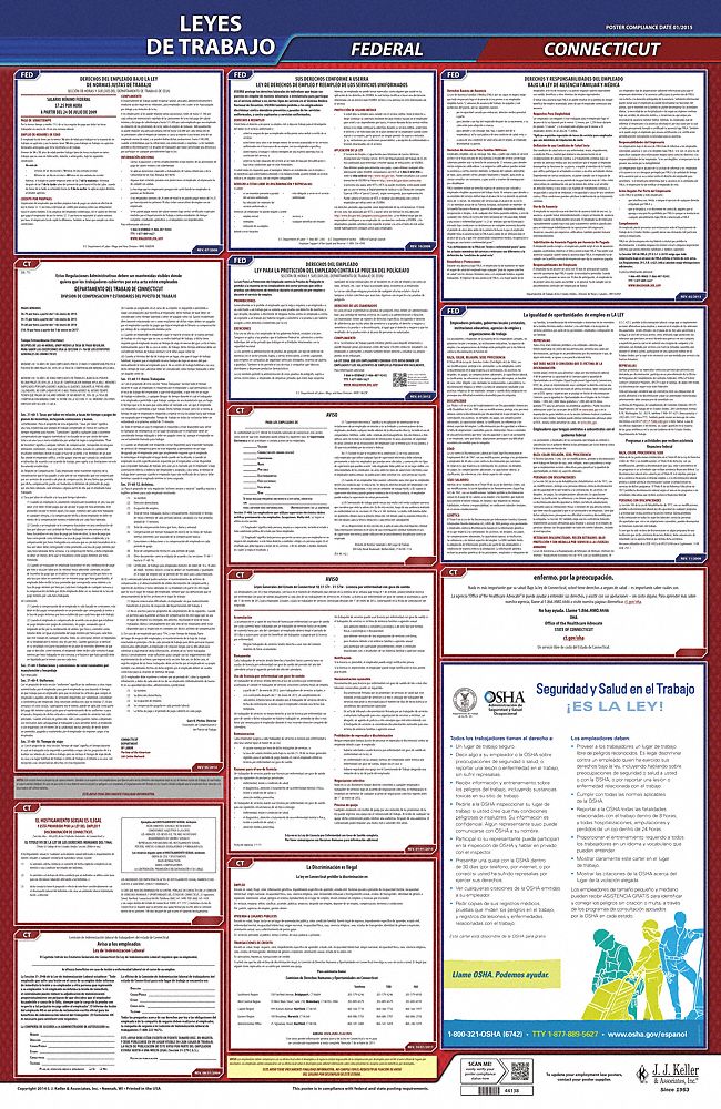 Labor Law Poster: CT, Spanish, Plastic, 24 in x 40 in, Federal and State Labor Law