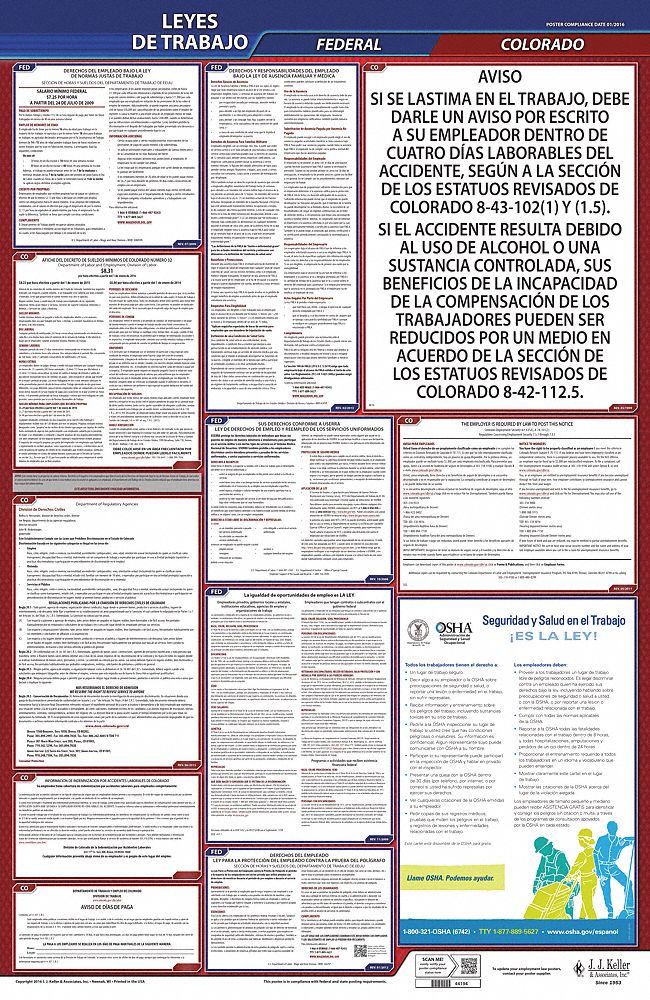 Labor Law Poster: CO, Spanish, Plastic, 24 in x 40 in, Federal and State Labor Law