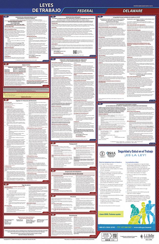 Labor Law Poster: Federal and State Labor Law, DE, Spanish, Plastic, 24 in x 40 in, FMLA