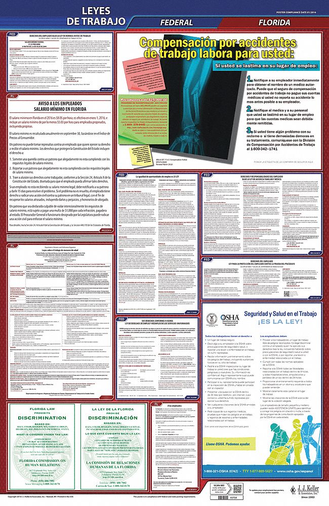Labor Law Poster: Federal and State Labor Law, FL, Spanish, Plastic, 24 in x 40 in, FMLA