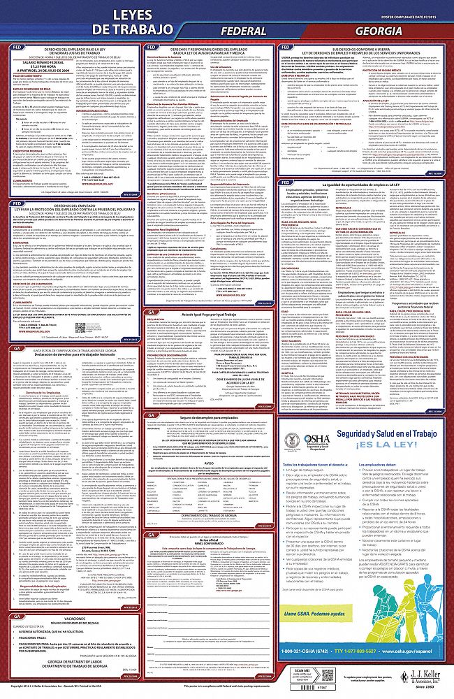 Labor Law Poster: Federal and State Labor Law, GA, Spanish, Plastic, 24 in x 40 in, FMLA