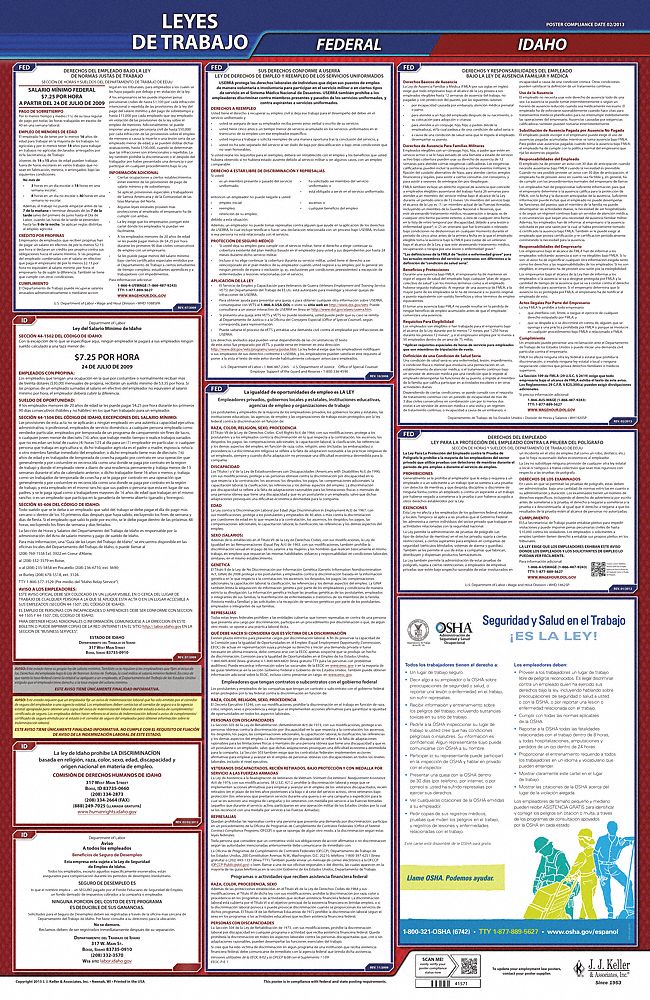 Labor Law Poster: Federal and State Labor Law, ID, Spanish, Plastic, 24 in x 40 in, FMLA