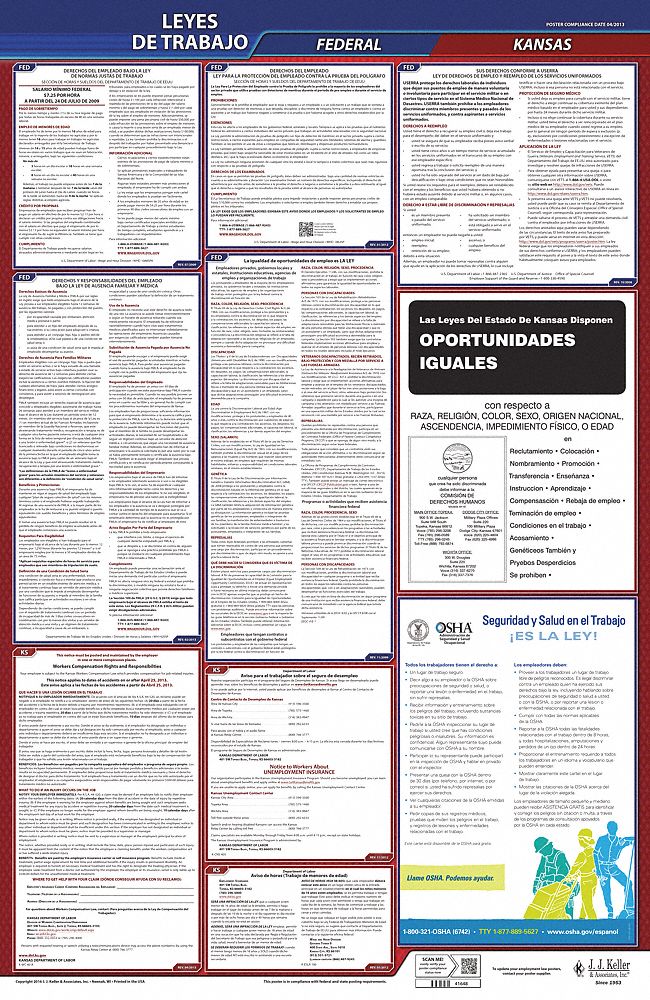 Labor Law Poster: Federal and State Labor Law, KS, Spanish, Plastic, 24 in x 40 in, FMLA