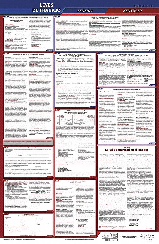 Labor Law Poster: Federal and State Labor Law, KY, Spanish, Plastic, 24 in x 40 in, FMLA
