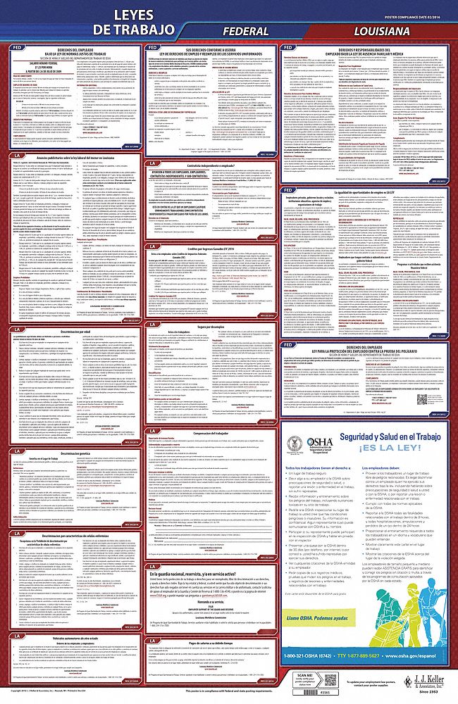 Labor Law Poster: Federal and State Labor Law, LA, Spanish, Plastic, 24 in x 40 in, FMLA