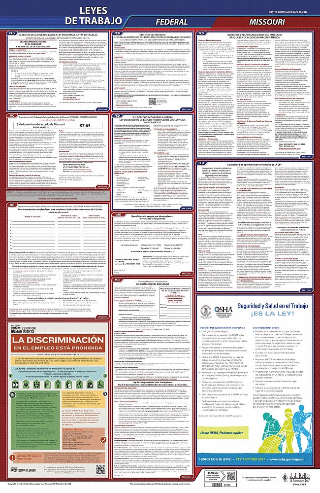 Labor Law Poster: Federal and State Labor Law, MO, Spanish, Plastic, 24 in x 40 in, FMLA