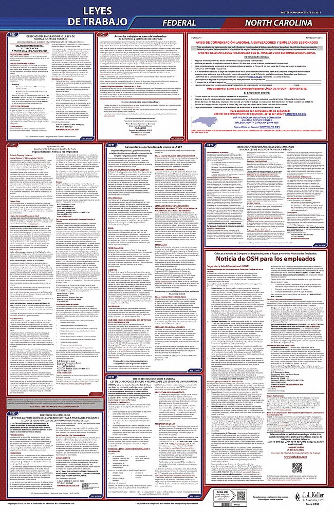 Labor Law Poster: NC, Spanish, Plastic, 24 in x 40 in, Federal and State Labor Law